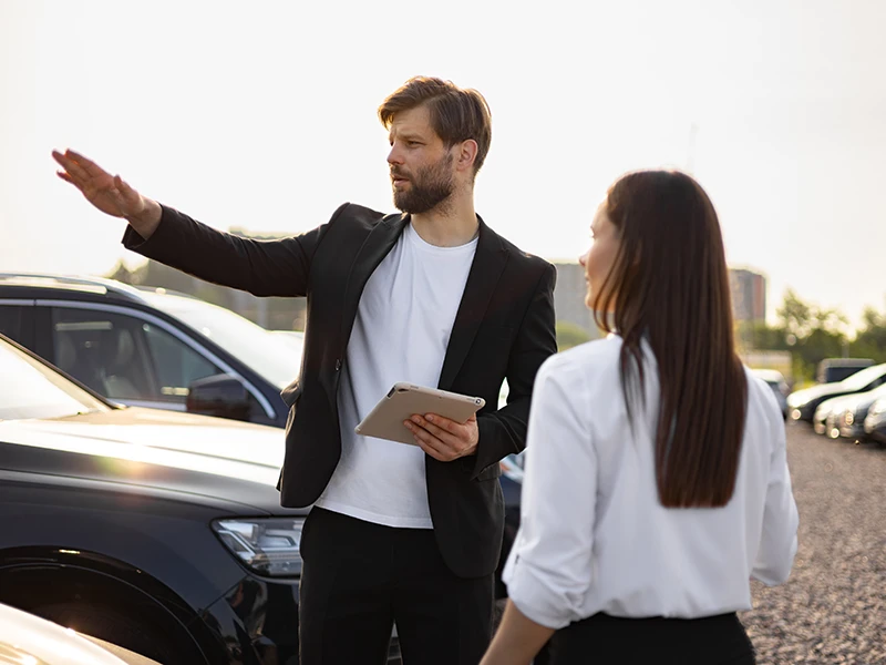 Händler erklärt einer Kundin im Freien vor dem Auto die Fahrzeughistorie