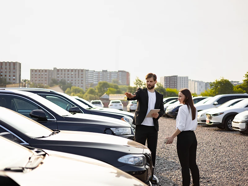 Händler spricht mit einer Kundin auf einem Gebrauchtwagenhof: Kilometerstand prüfen und Tachomanipulation erkennen