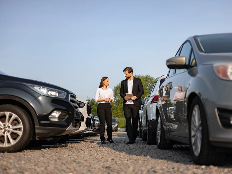 Händler und Kundin auf einem Gebrauchtwagenhof: Unfallwagen erkennen